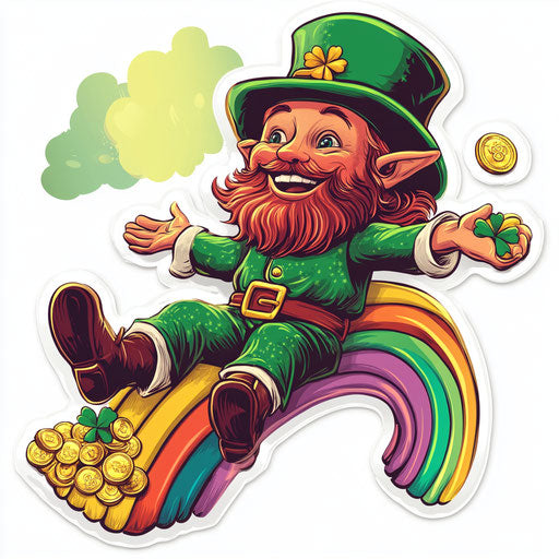 St. Patrick's Day design with a leprechaun on a rainbow