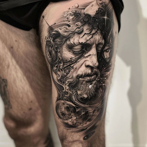 Cosmic and mythical thigh tattoos for men