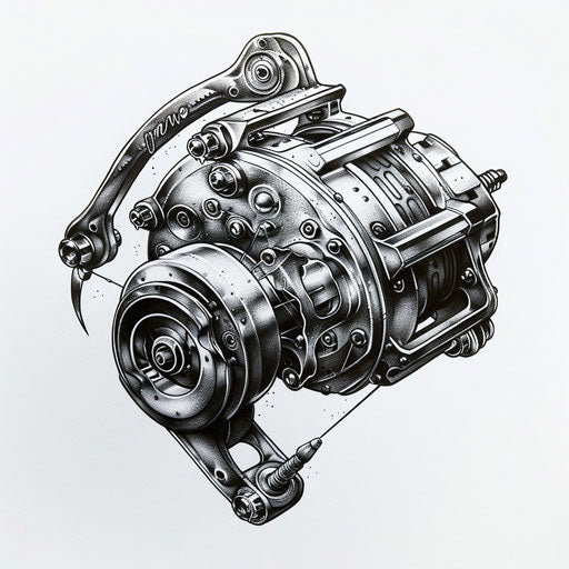 Blackwork tattoo design of a fishing reel