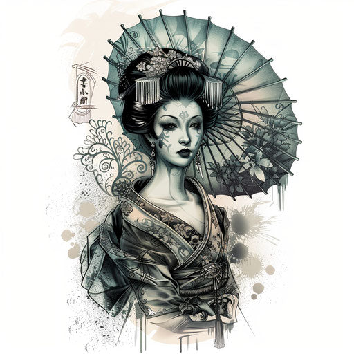 Vintage Victorian style geisha tattoo with lace details