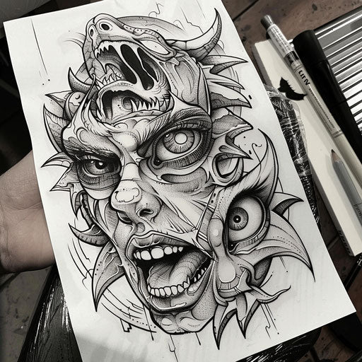 Sketch of a neo-traditional flat tattoo of a soul guarded by mythical creatures