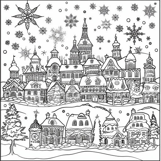 Intricate Christmas village with snowflakes in the style of Gennady Spirin Coloring book page