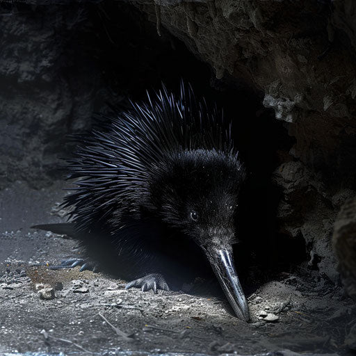 Echidna in a shadowy cave, dramatic and intense, in the style of Simen Johan
