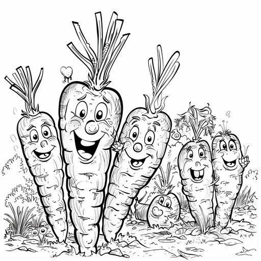 Carrot family in a garden. Coloring book page