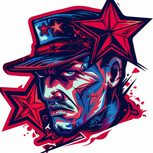 Flat tattoo sketch of a Russian mafia star, vibrant reds and blues