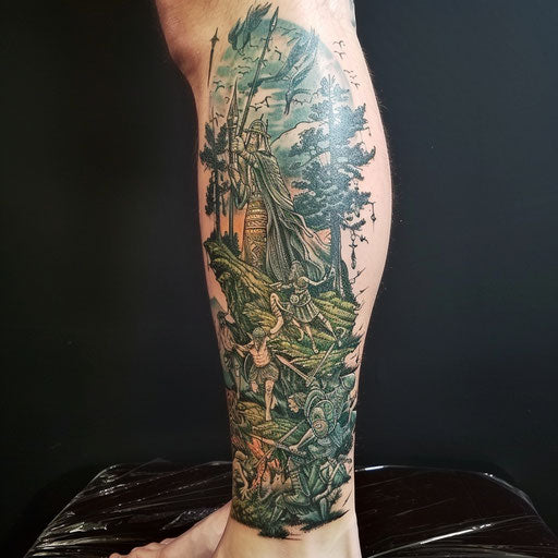 Calf tattoo with medieval fantasy, in the style of Peter Jackson