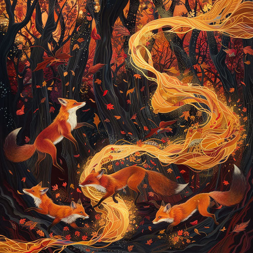 Foxes in autumn forest, swirling leaves
