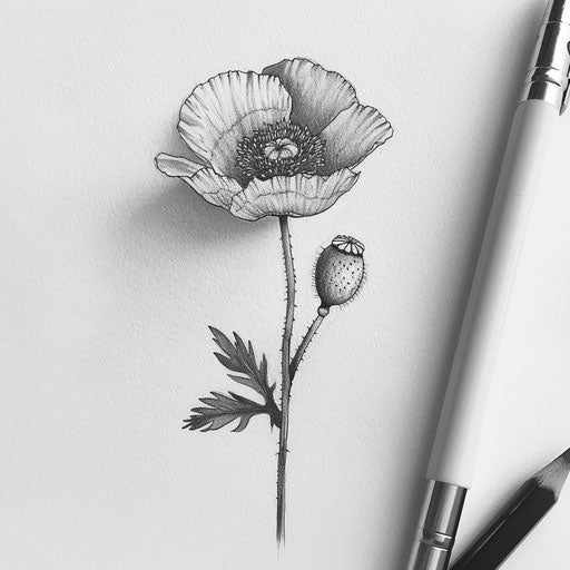 Detailed pencil drawing of a small poppy flower tattoo on a bright white background