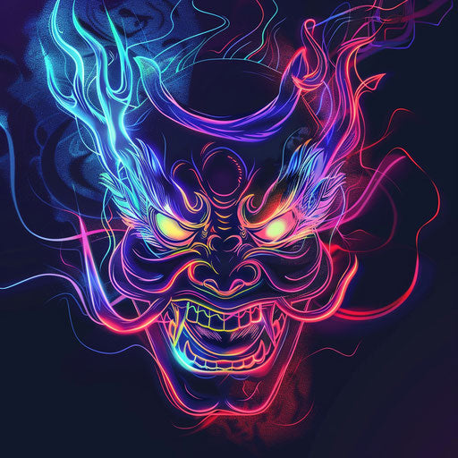 Modern flat tattoo sketch of a Hannya mask with digital effects