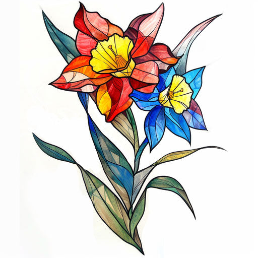 Stained glass tattoo design with a Narcissus in vibrant, segmented colors on white background