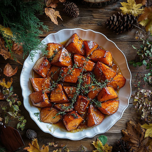 Rustic farmhouse table with roasted sweet potatoes dish