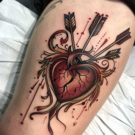 Heart pierced by arrow, neo-traditional tattoo style
