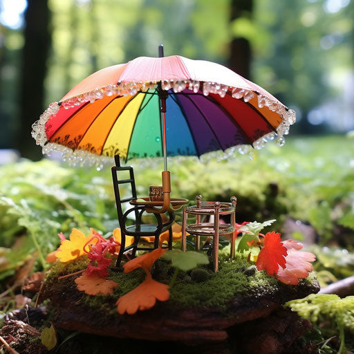 Rainbow umbrella on table in forest with grass and trees