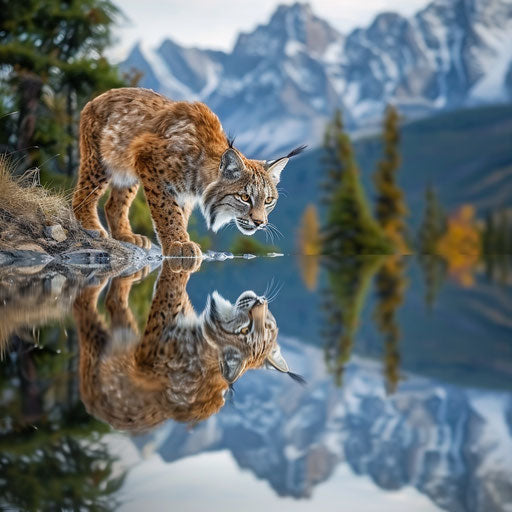 A lynx's reflection in the still waters of a mountain lake