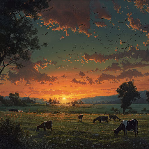 Farm animals in a pastoral landscape at sunset