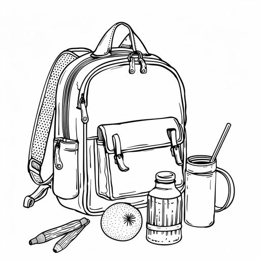 Backpack, lunchbox, and thermos - Coloring book page