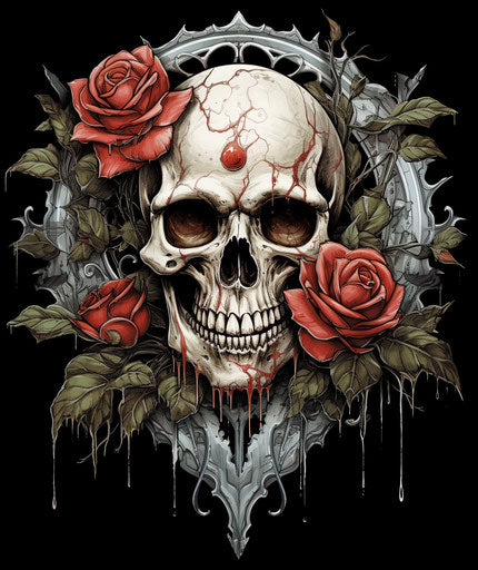 Skull with rose tattoos, jagged edges style, white and silver, digitally enhanced