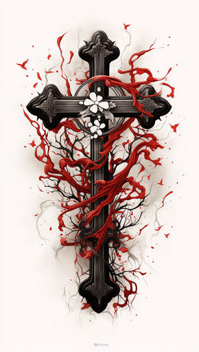 Black and red cross tattoo with white design