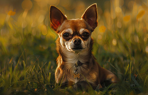 Chihuahua sitting on grass in summer, photo-realistic hyperbole