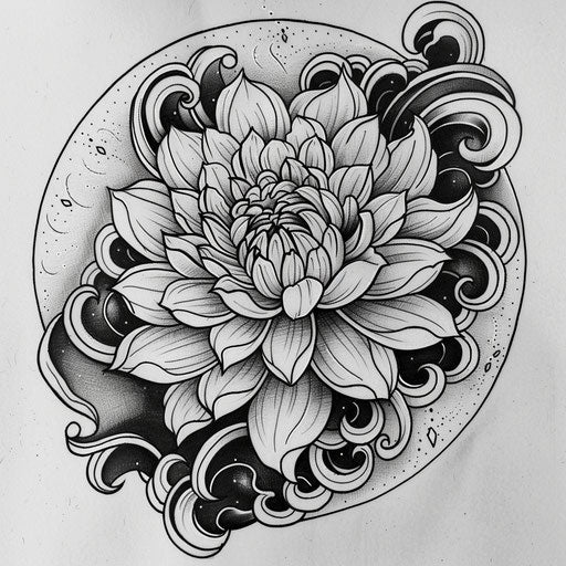 Sketch of traditional Japanese style dahlia tattoo with waves