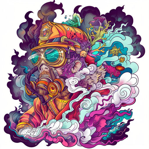 Surreal firefighter tattoo sketch in dreamlike setting