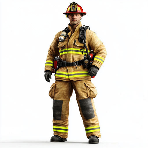 3D firefighter in photo realistic style with flat white background