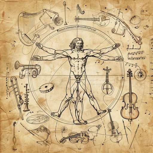 Playful tattoo sketch of the Vitruvian Man morphing into musical instruments