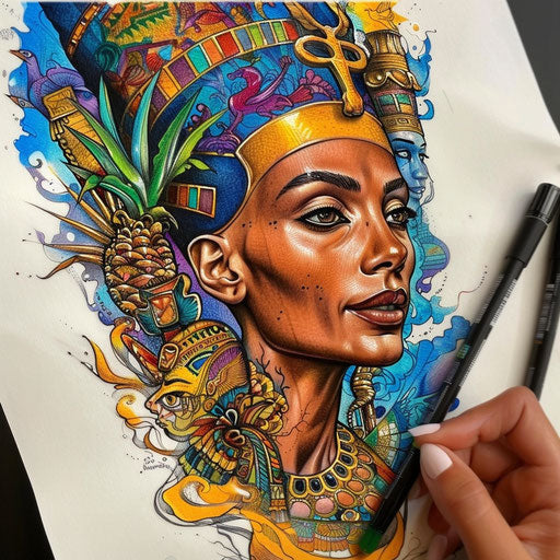 Vibrant flat tattoo sketch of Nefertiti surrounded by a swirl of colorful Egyptian fauna