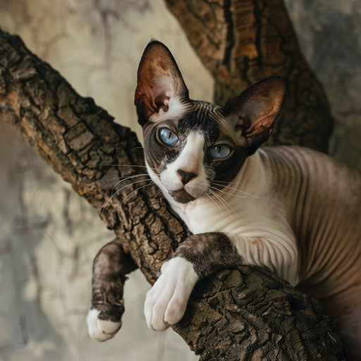 Cornish Rex cat lying on a tree branch