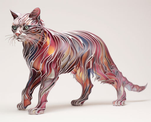 Energetic and bold cat on white background with silver and light maroon stripes