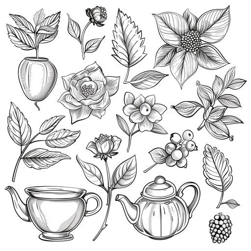 Assortment of tea ingredients, coloring book page