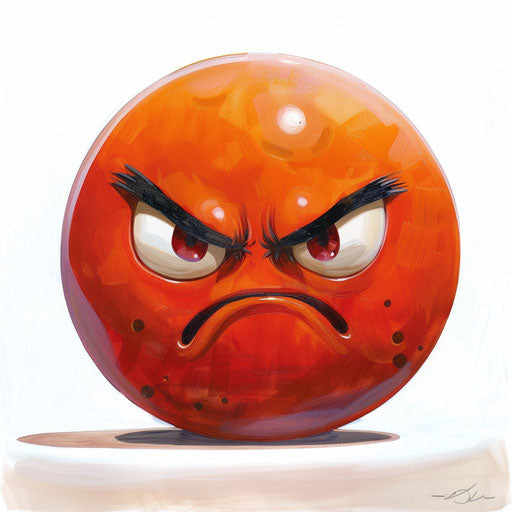 Angry red emoticon on white background