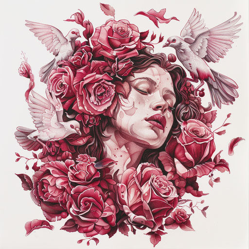 Goddess of love surrounded by roses and doves in watercolor