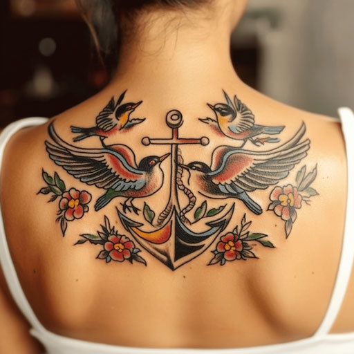 Female back tattoo in Sailor Jerry style with anchor and swallows