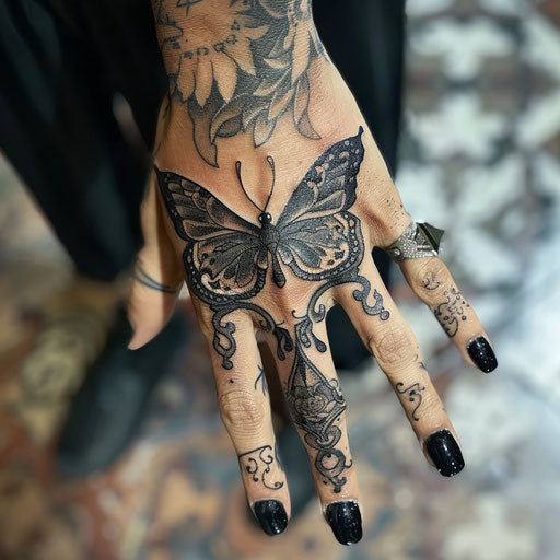 Butterfly hand tattoo with gothic elements