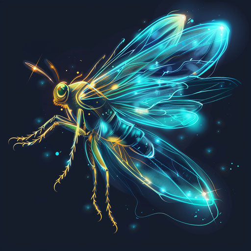 Dynamic tattoo sketch of a firefly with glowing effects and neon blue outlines in a clipart style