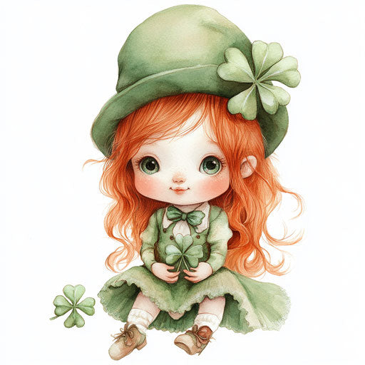 St. Patrick's Day, baby girl with red hair and leprechaun hat sitting holding shamrocks