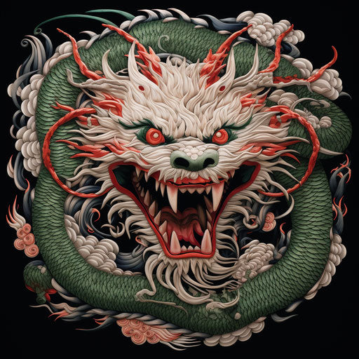 The Chinese dragon head with a red head, in dark green and white style