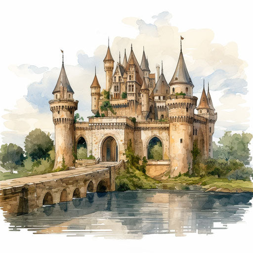 Castle depicted in oil painting style on white backdrop