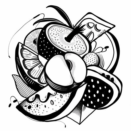 Minimalist fruit with abstract shapes in the style of Ruben Ireland coloring book page