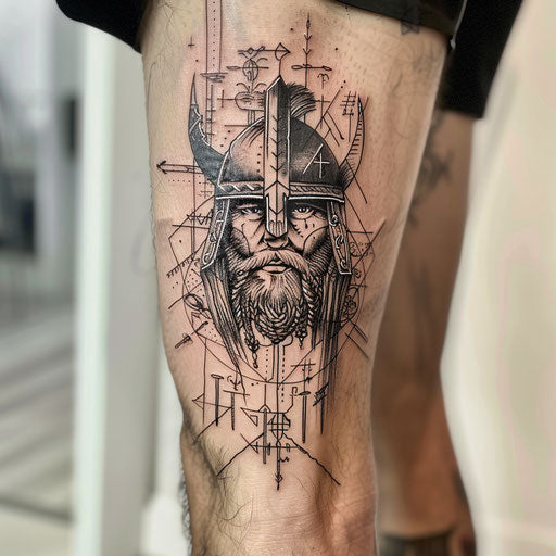 Norse king tattoo with Viking helmet and runic symbols on white background