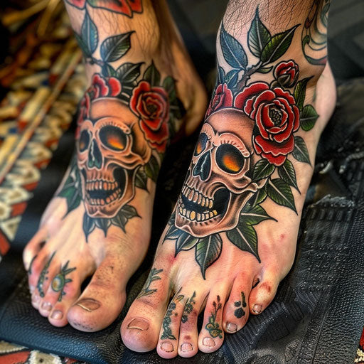 Foot tattoos in the style of Ed Hardy with roses and skulls