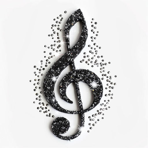 Black treble clef surrounded by sparkling stars on white