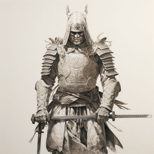 Detailed drawing of a samurai sword in white armor