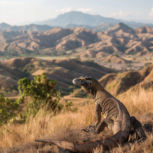 Komodo dragon in front of rugged mountains, expansive and majestic, in the style of Marsel van Oosten