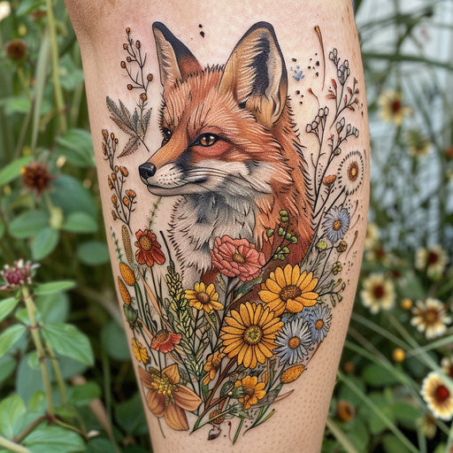 Wildflower tattoo with fox, earthy tones, detailed animal, woodland theme