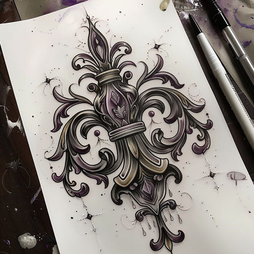 Gothic tattoo sketch of a dark and ornate fleur de lis