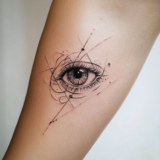 Eye tattoo on arm in minimalist style on white background