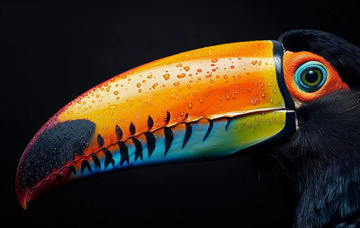 Close-up portrait of colorful toucan's beak against black