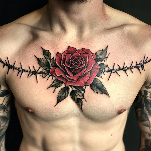 Chest piece tattoo of a rose with barbed wire entwined